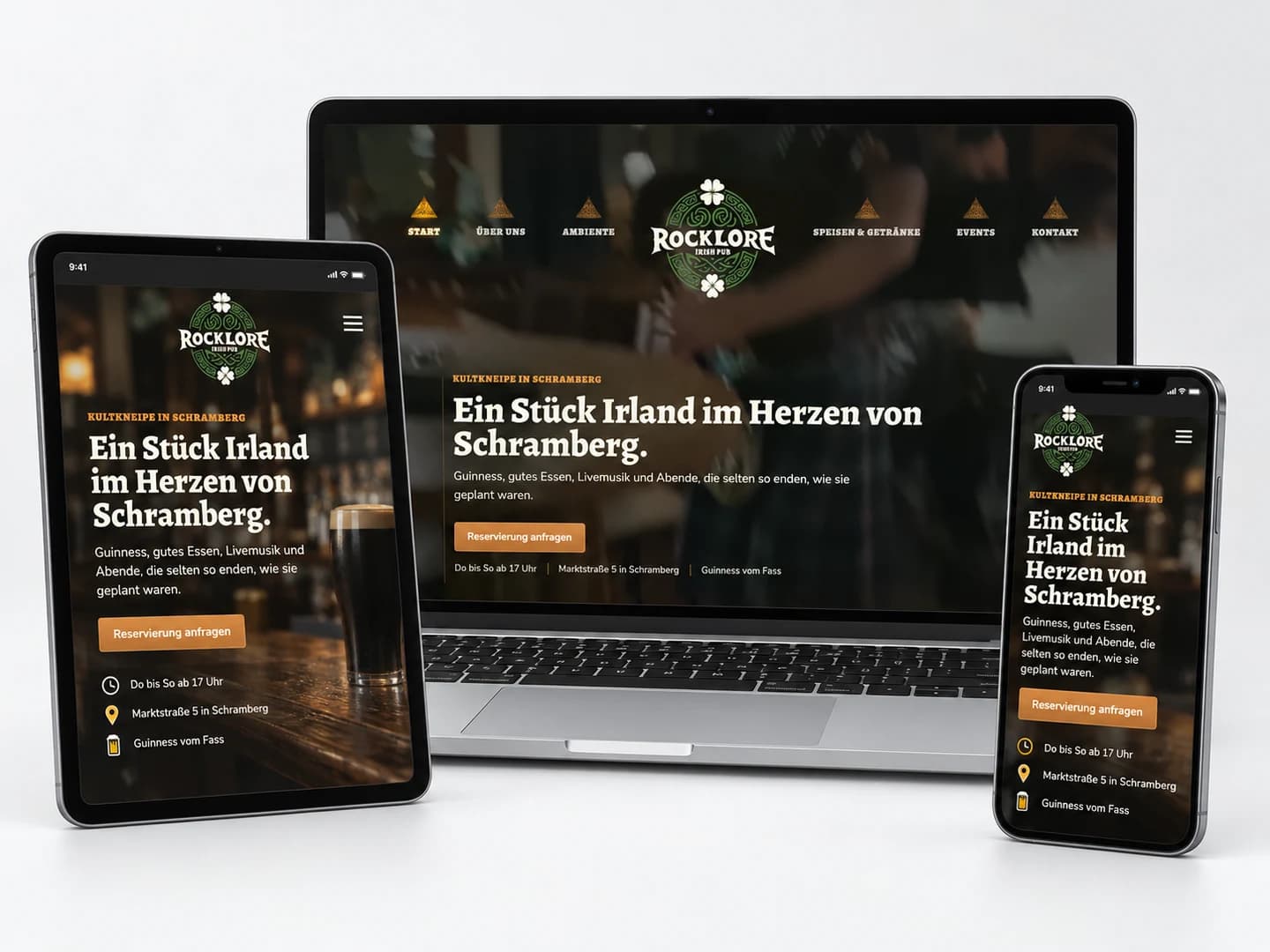 Rocklore website device mockup on laptop, tablet and smartphone