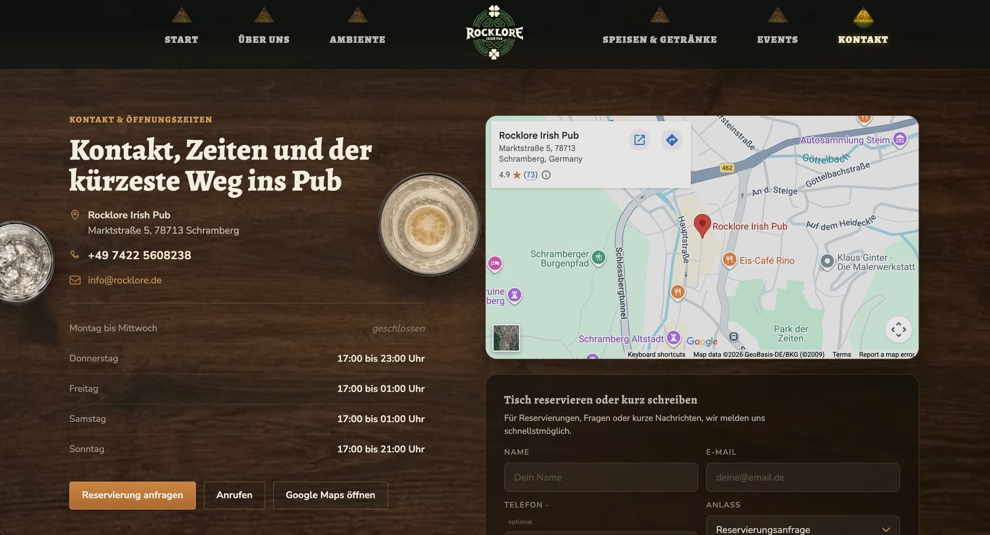 Rocklore contact section with opening hours