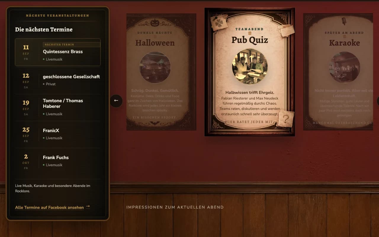 Rocklore event slider showing upcoming pub events