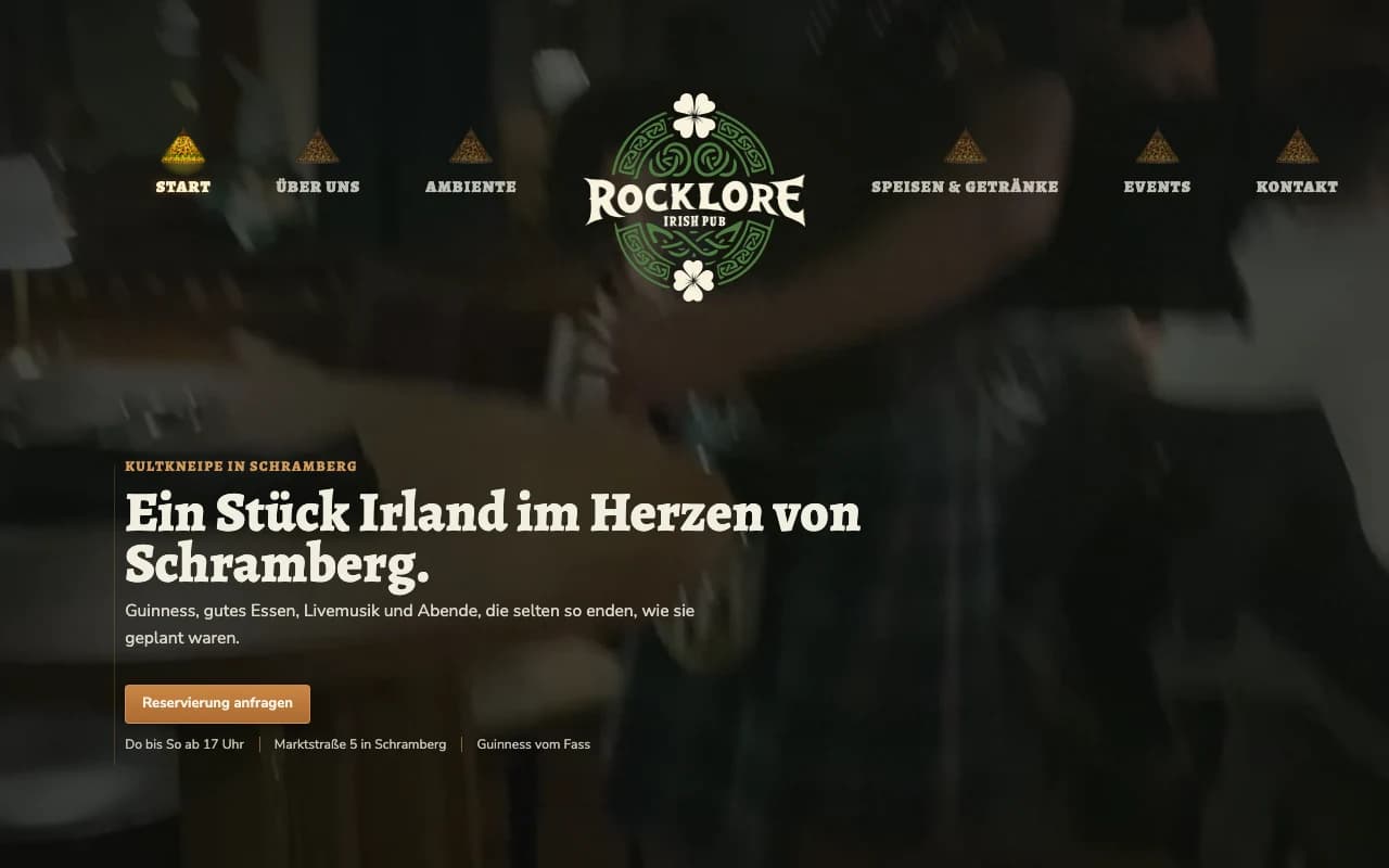 Rocklore homepage with pub atmosphere and opening status