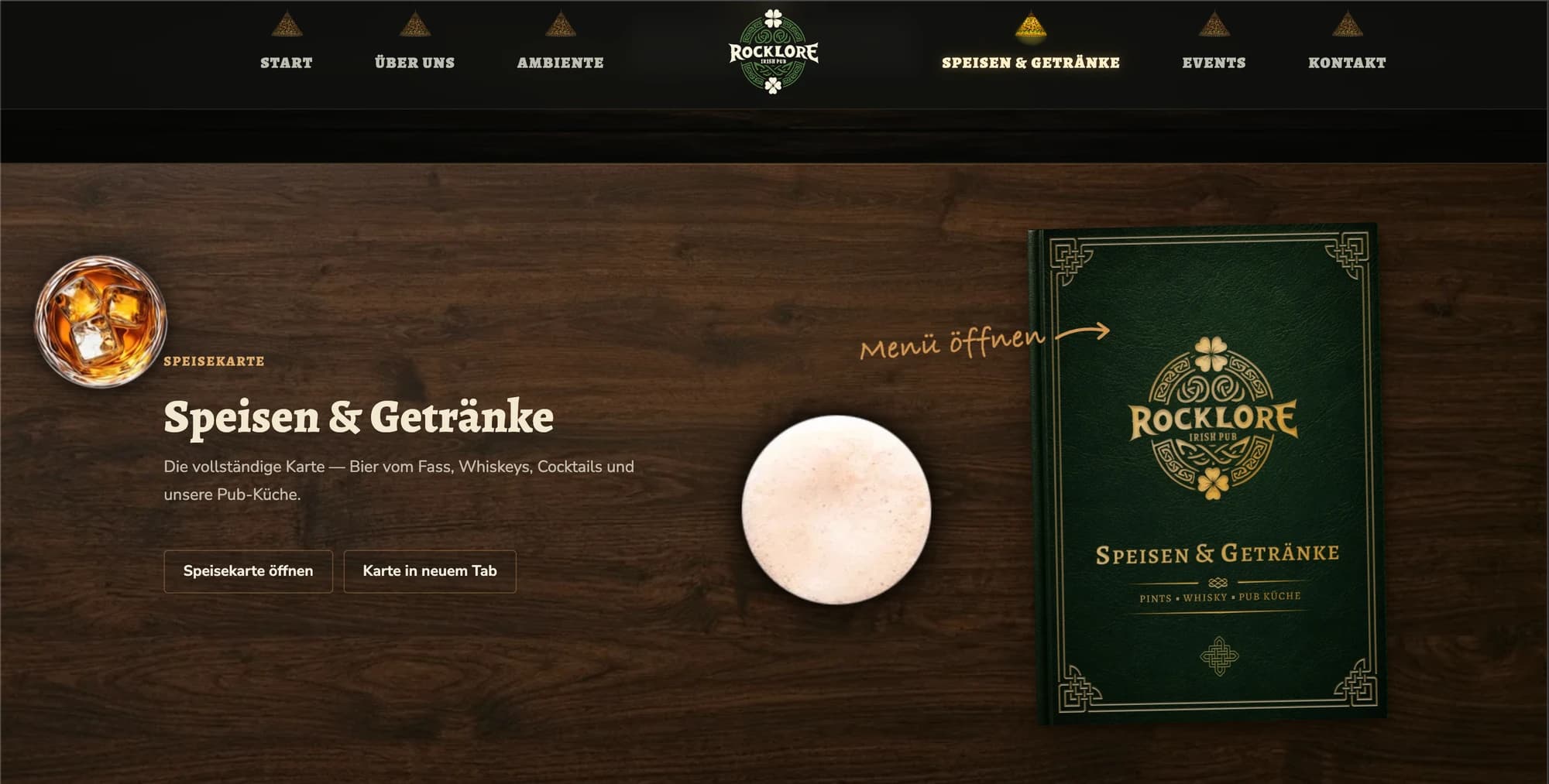 Rocklore menu section with a green menu book