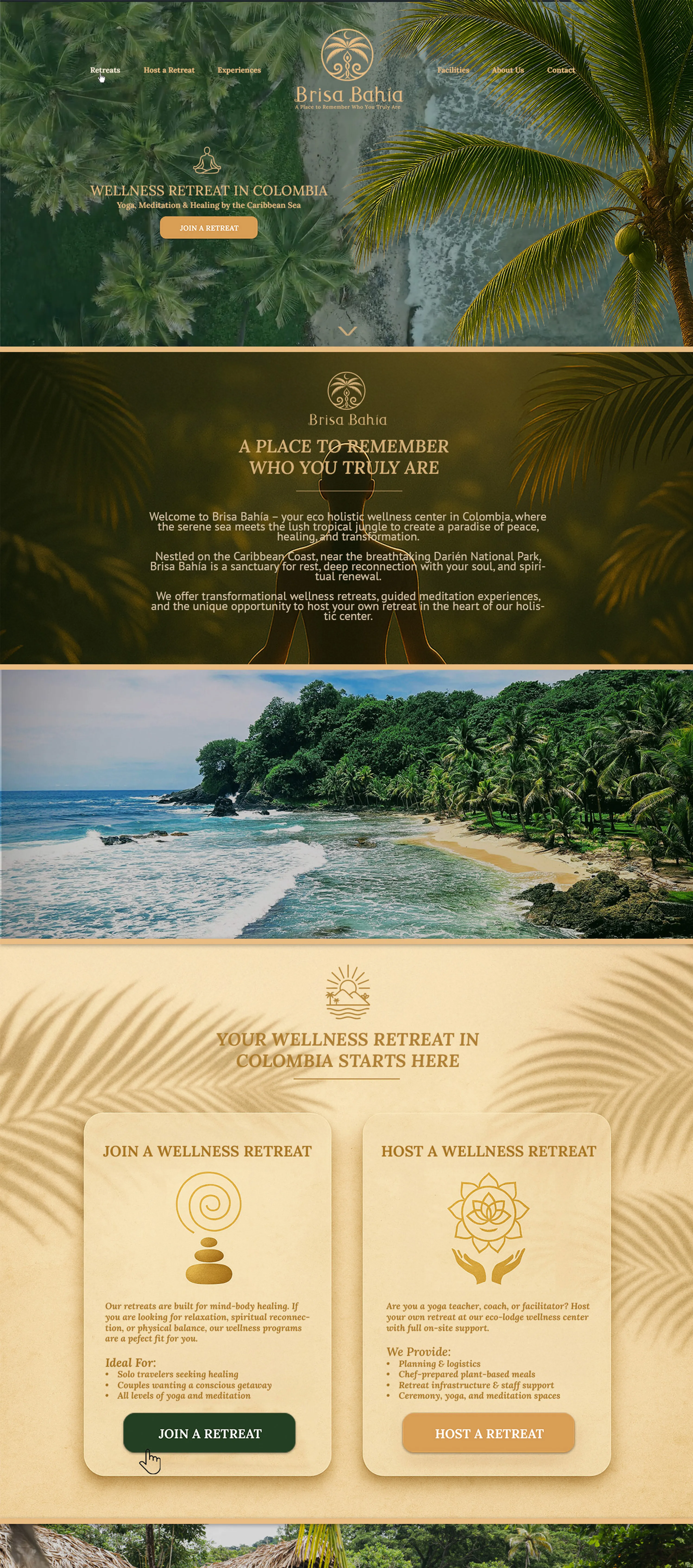 After: Brisa Bahía retreat center branding homepage with facilitator-focused storytelling